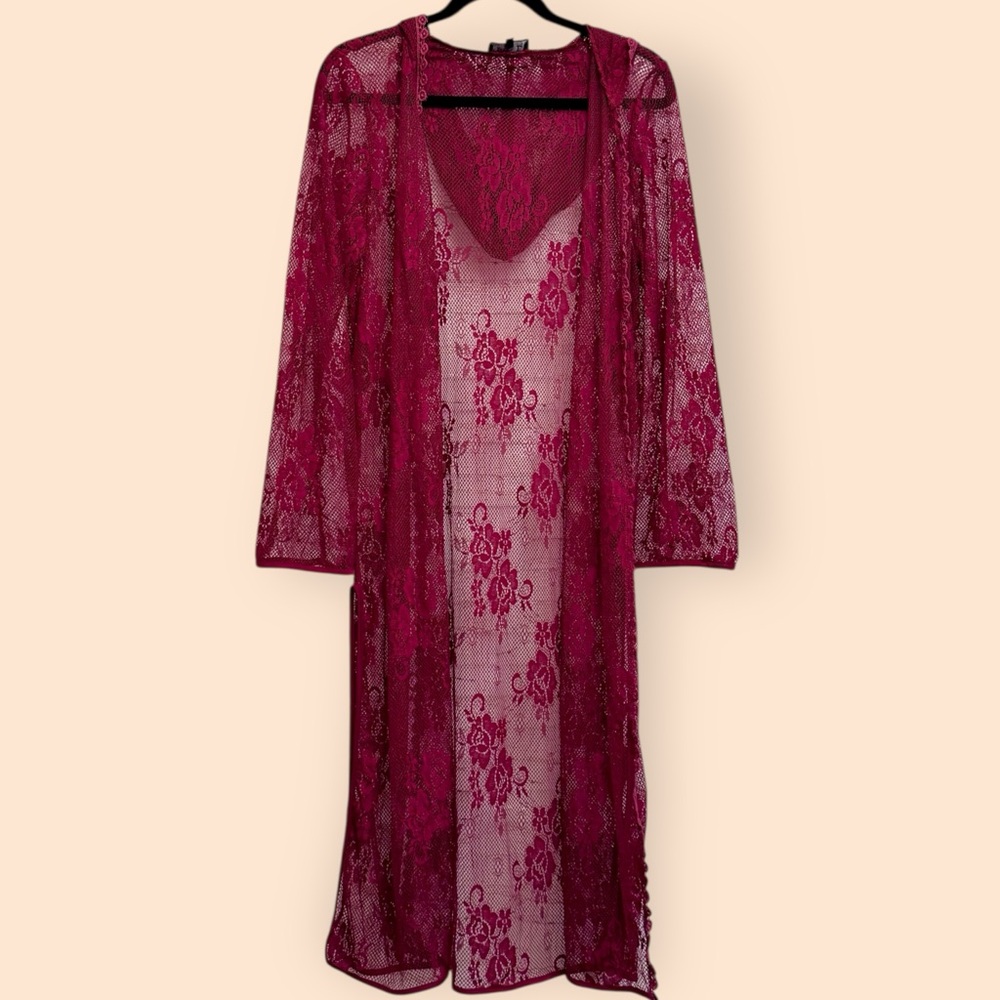 POL Boho Red Lace Hooded Duster Cardigan Size M